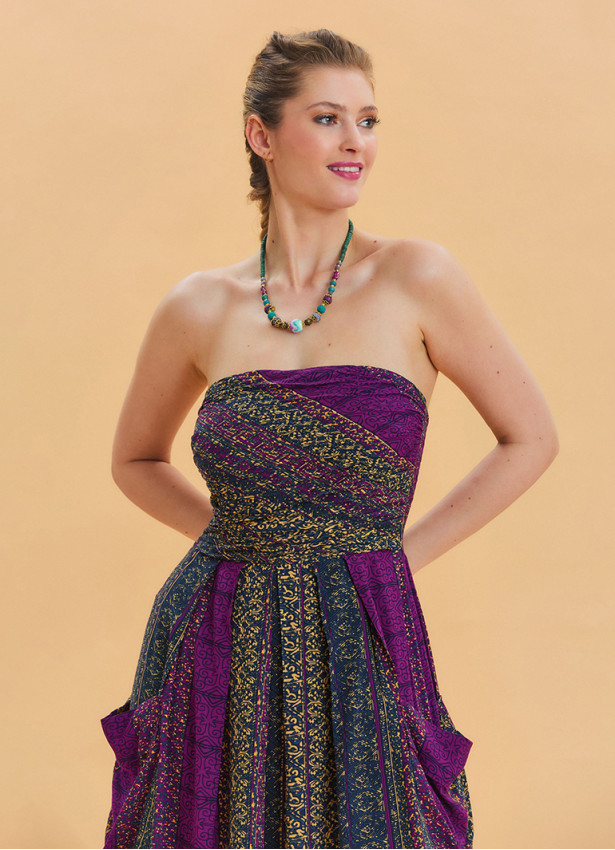 Strapless Chest Pocket Detailed Patterned Purple Flared Dress 4458